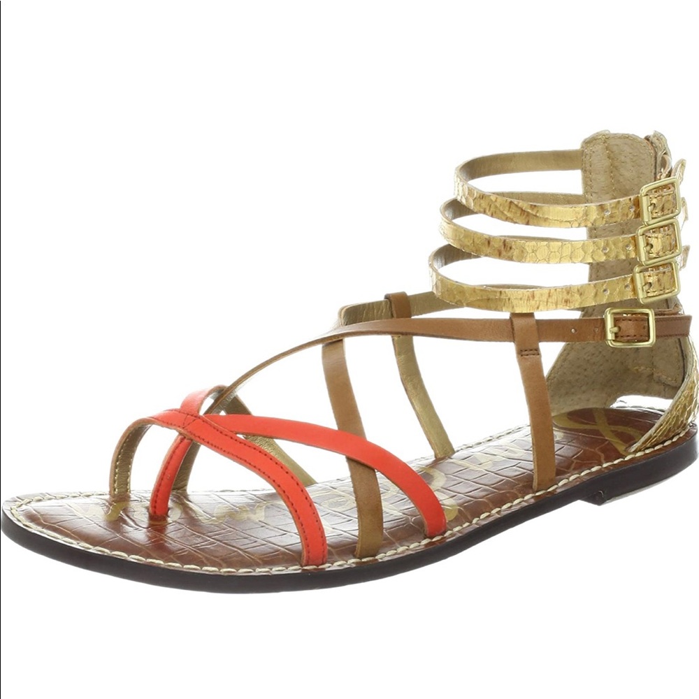Sam Edelman Gold and Coral Strappy Gladiator Sandals